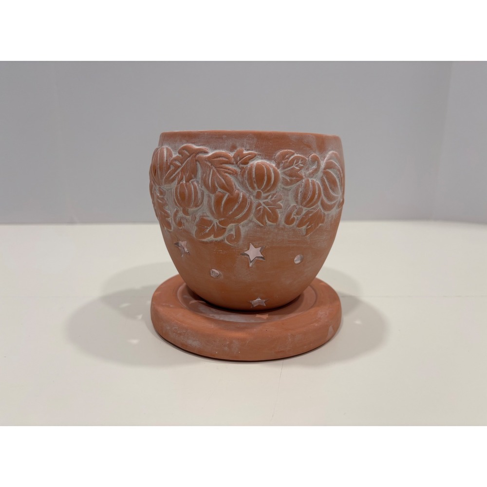 Pier 1 Terracotta Pumpkin Tea Light Candle Holder Harvest Star Cutout 2 Piece